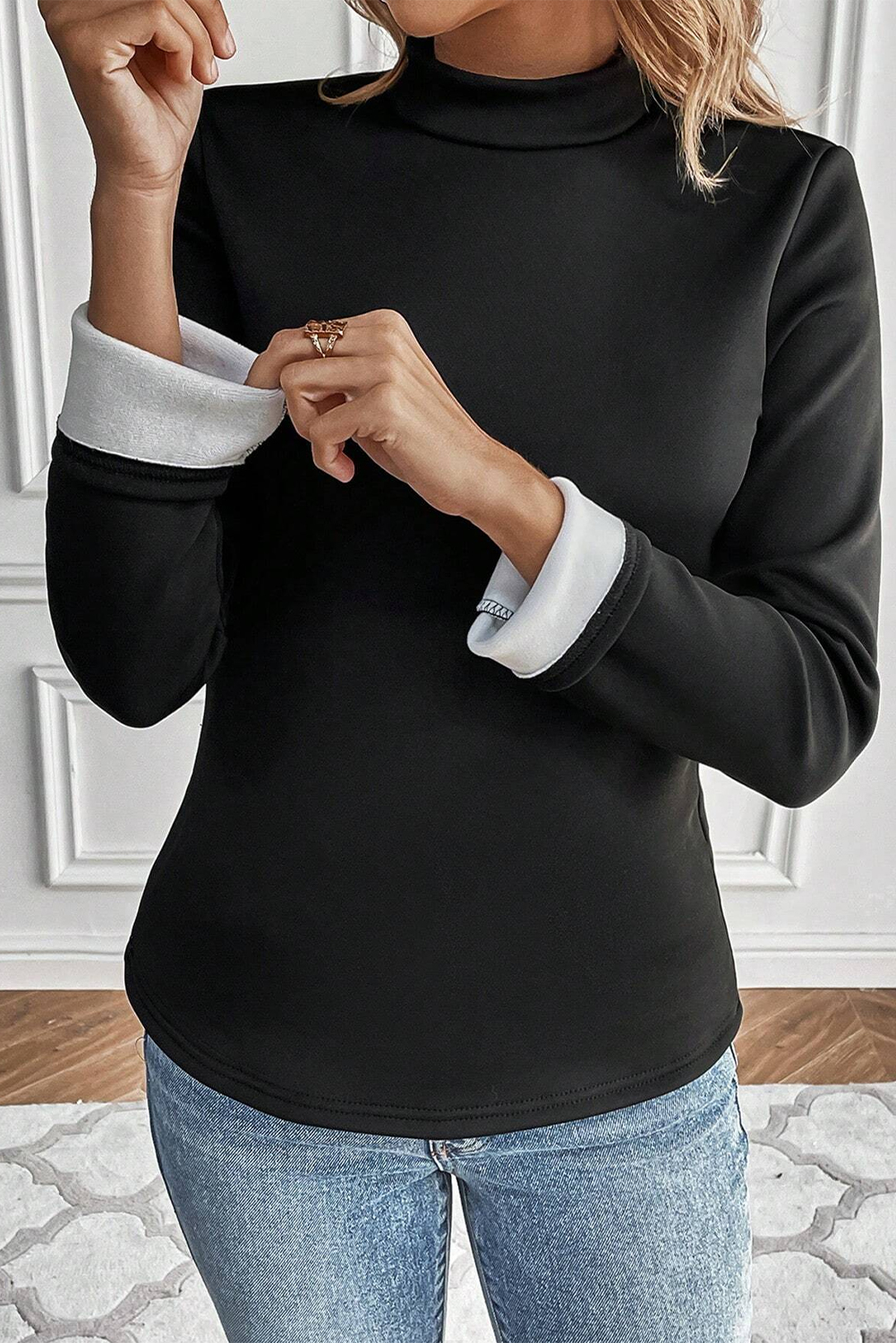 Black Mock Neck Thermal Lined Long Sleeve Tee - Image 3