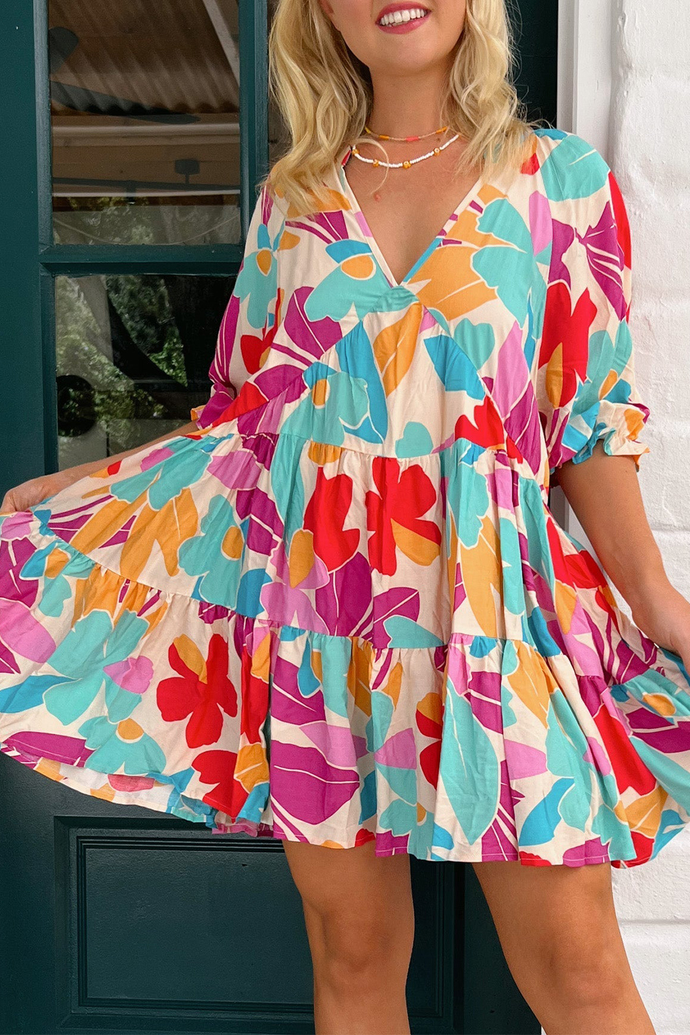 Rose Red Floral Bubble Sleeve V Neck Tiered Ruffle Babydoll Dress - Image 7