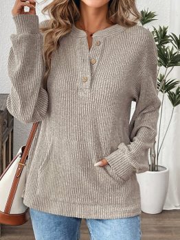 Simply Taupe Ribbed Texture Drop Shoulder Henley Knit Top