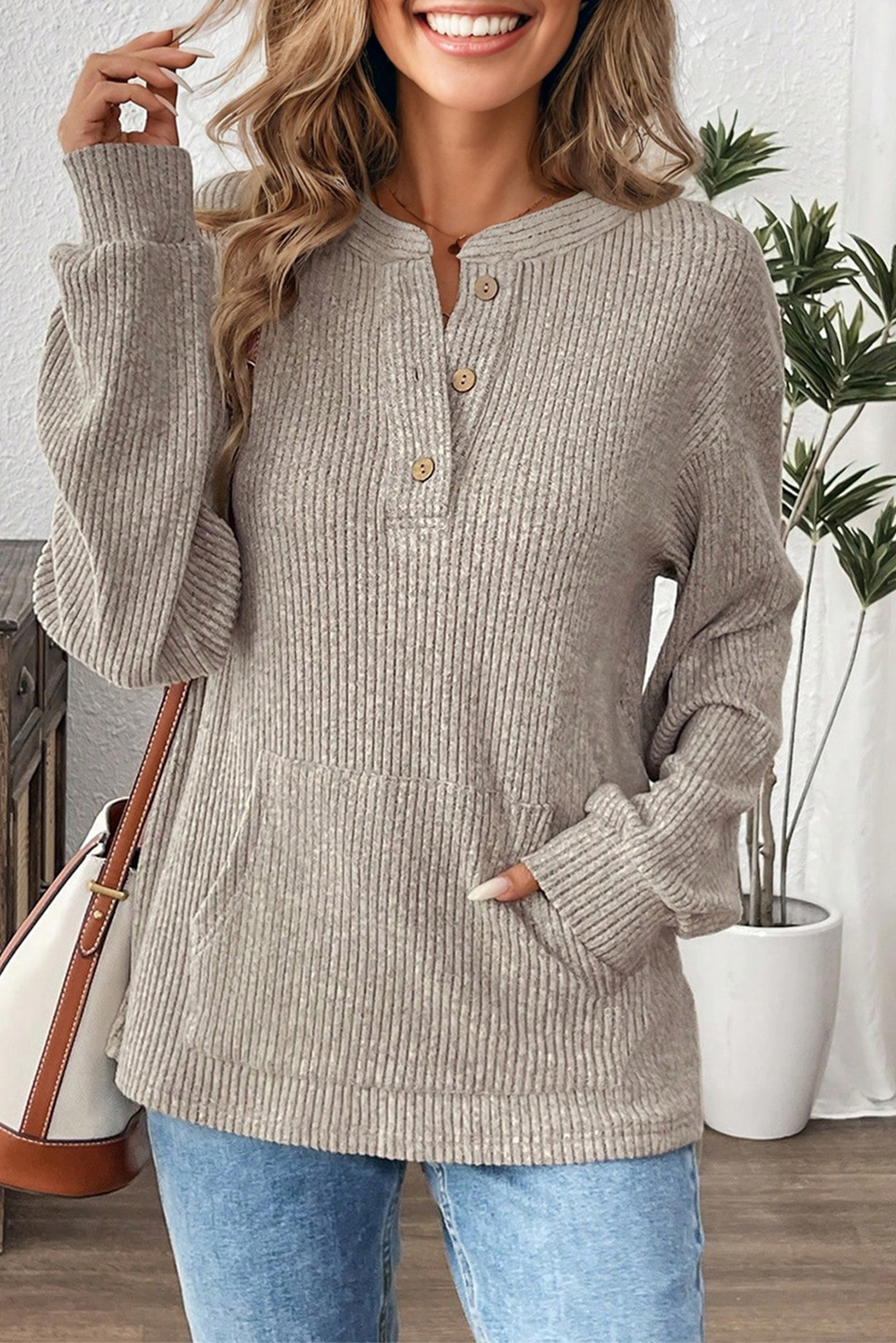 Simply Taupe Ribbed Texture Drop Shoulder Henley Knit Top