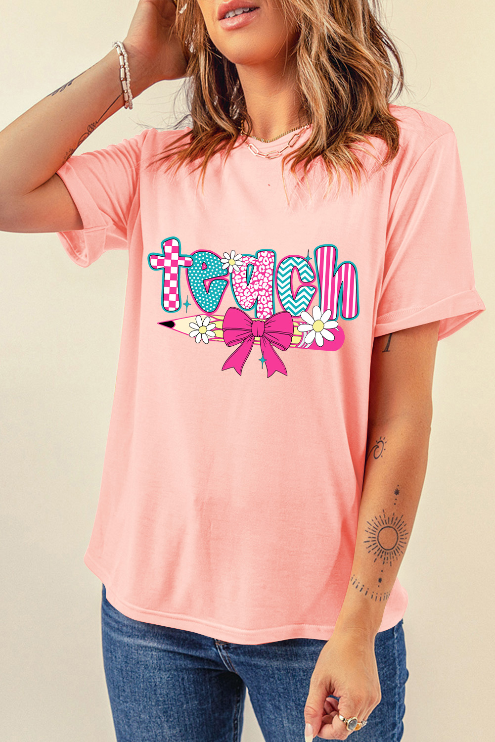 Pink Preppy Retro Checkered Coquette Teach Graphic T-Shirt - Image 4