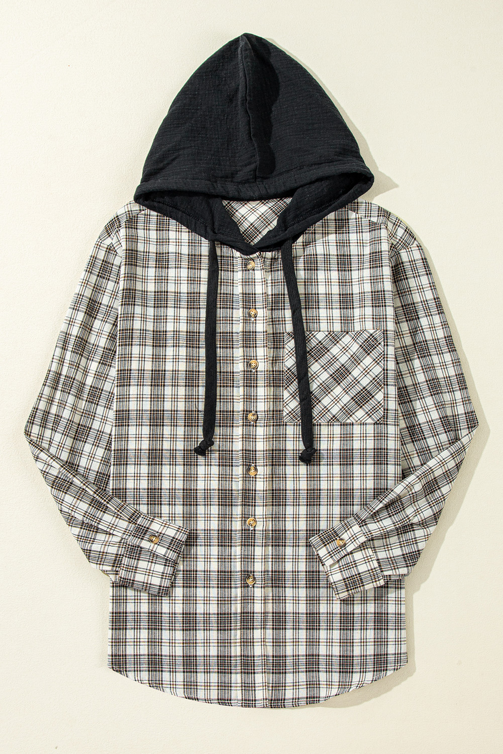 Black Checkered Print Loose Fit Buttoned Hooded Shacket - Image 4