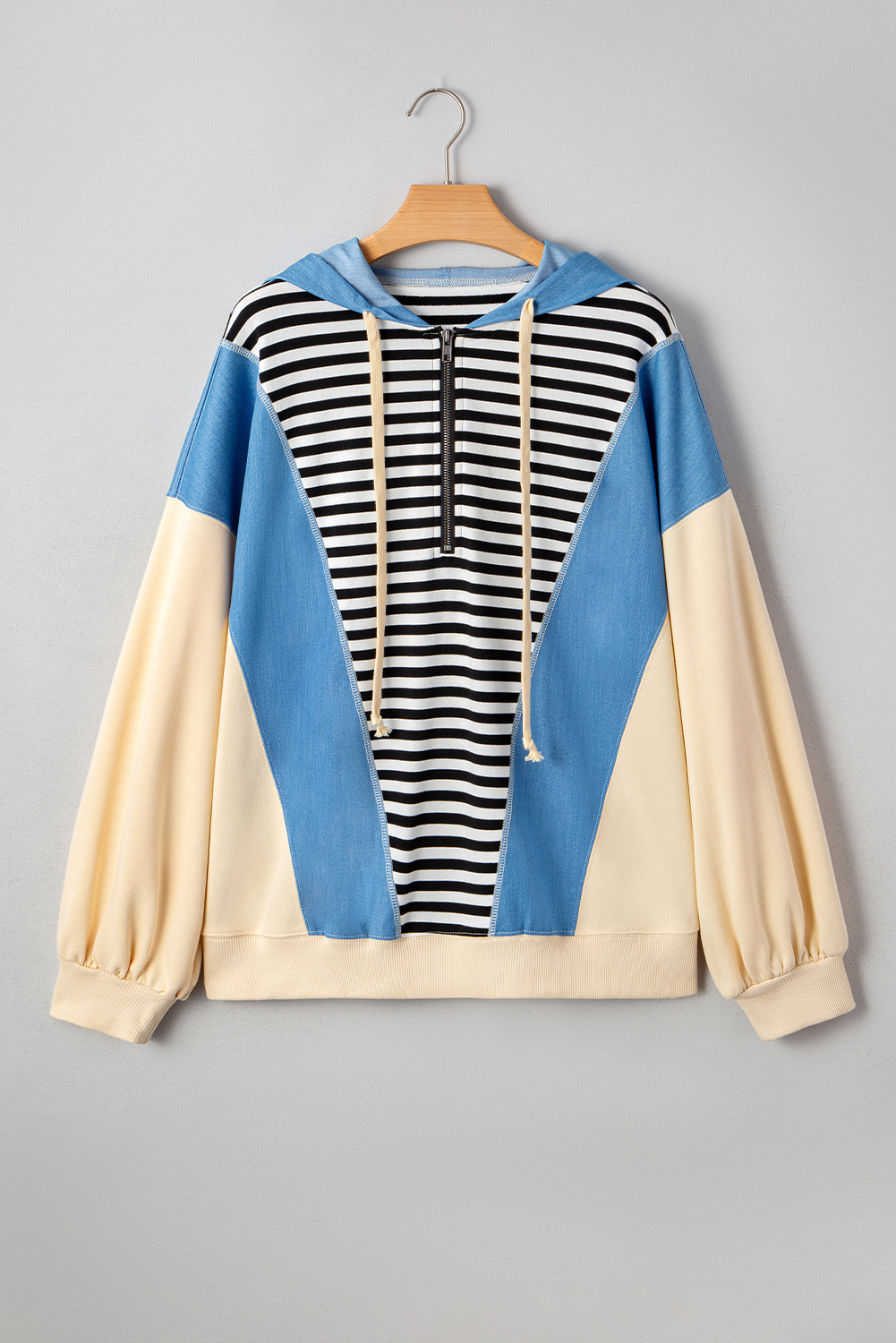 Black Stripe Denim Color Block Quarter Zip Baggy Drawstring Hoodie - Image 5