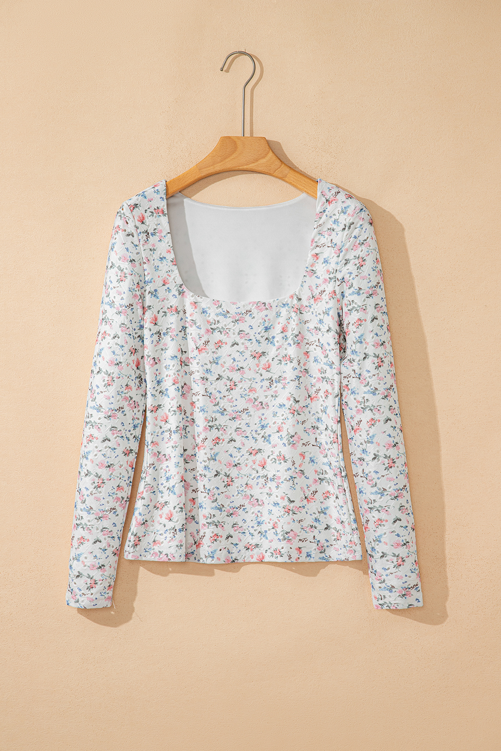 White Floral Print Textured Square Neck Slim Fit Long Sleeve Top - Image 3