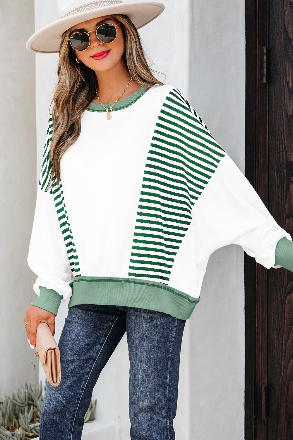 Green Stripe Colorblock Patchwork Contrast Stitching Oversize Sweatshirt - Image 3