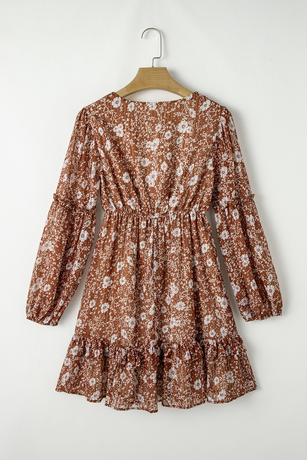 Brown Boho Floral Ruffled Puff Sleeve V Neck Mini Dress - Image 8