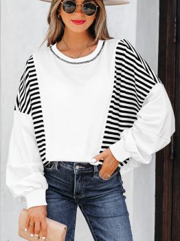 White Stripe Colorblock Patchwork Contrast Stitching Oversize Sweatshirt