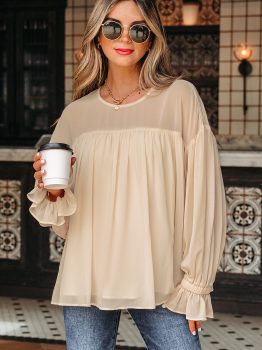 Parchment Pleated Ruffle Long Sleeve Chiffon Blouse