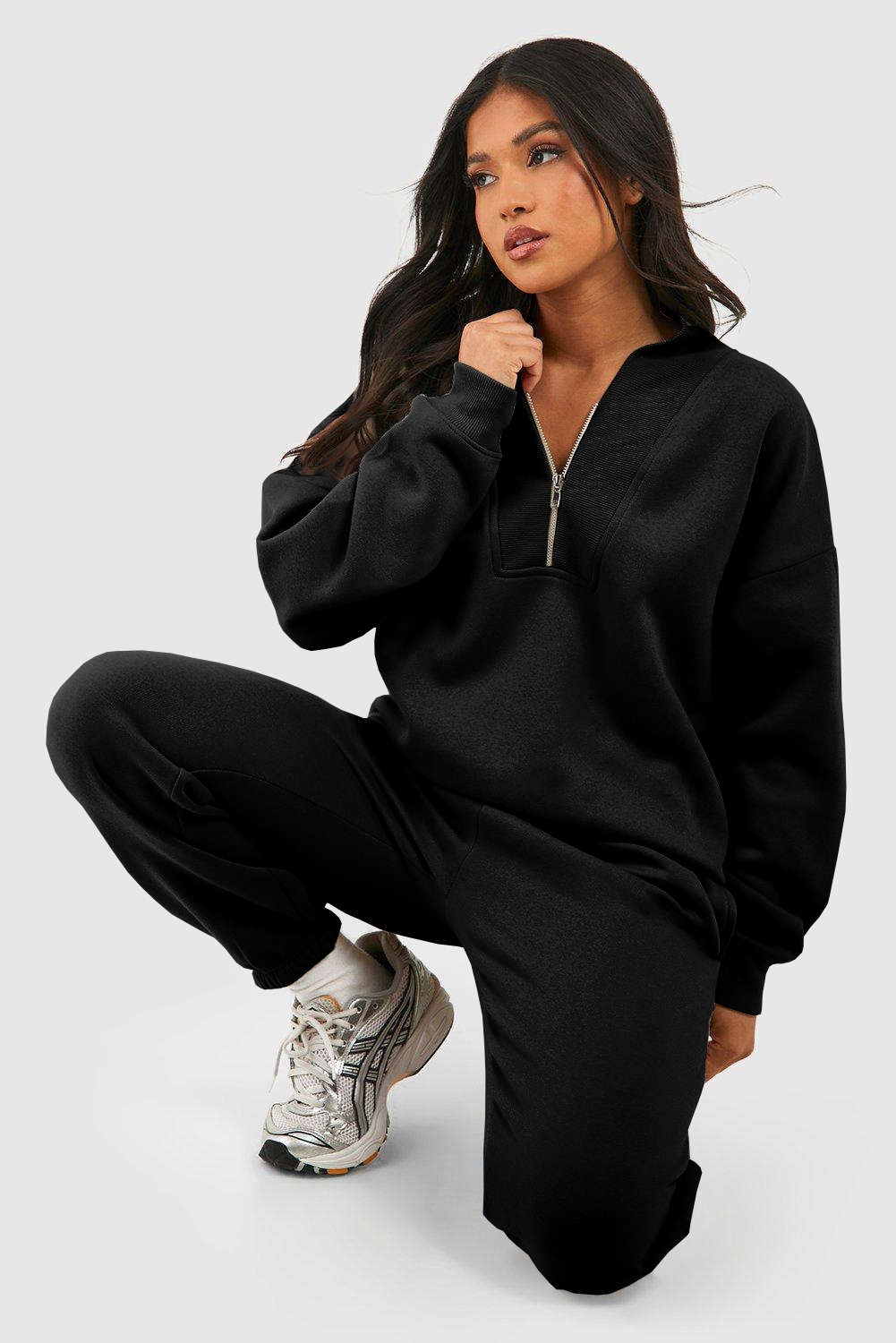 Black Plain Half Zip V Neck Ribbed Edge Loose Tracksuit - Image 5