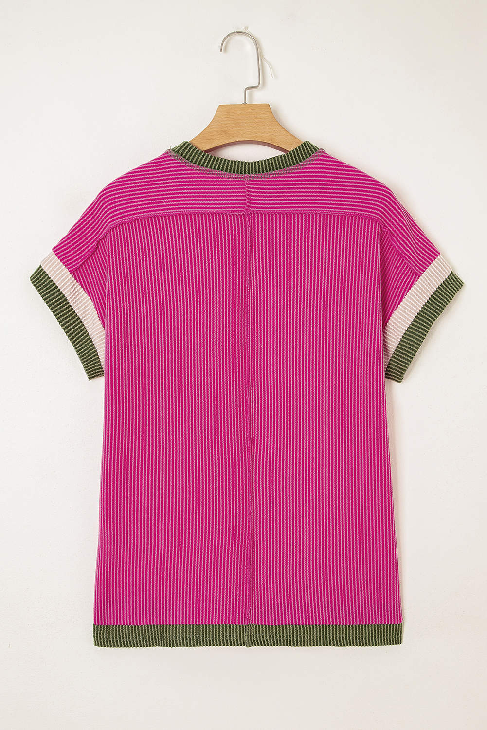 Rose Red Textured Contrast Trim Round Neck T Shirt - Image 7