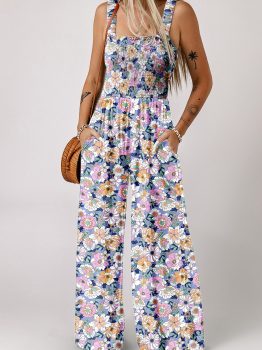 Purple Floral Print Smocked High Waist Square Neck Jumpsuit