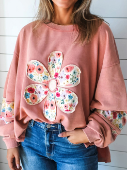 Peach Blossom Floral Applique Baggy Pullover Sweatshirt