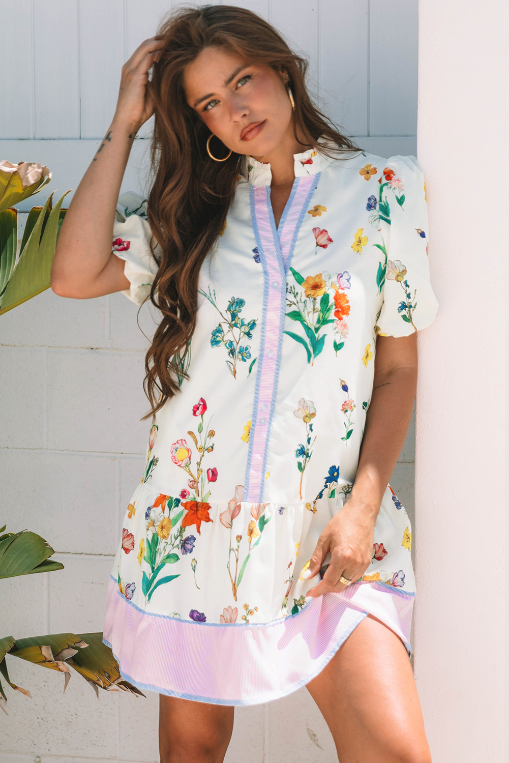 White Floral Print Contrast Striped Patchwork Short Puff Sleeve Dress - Image 5