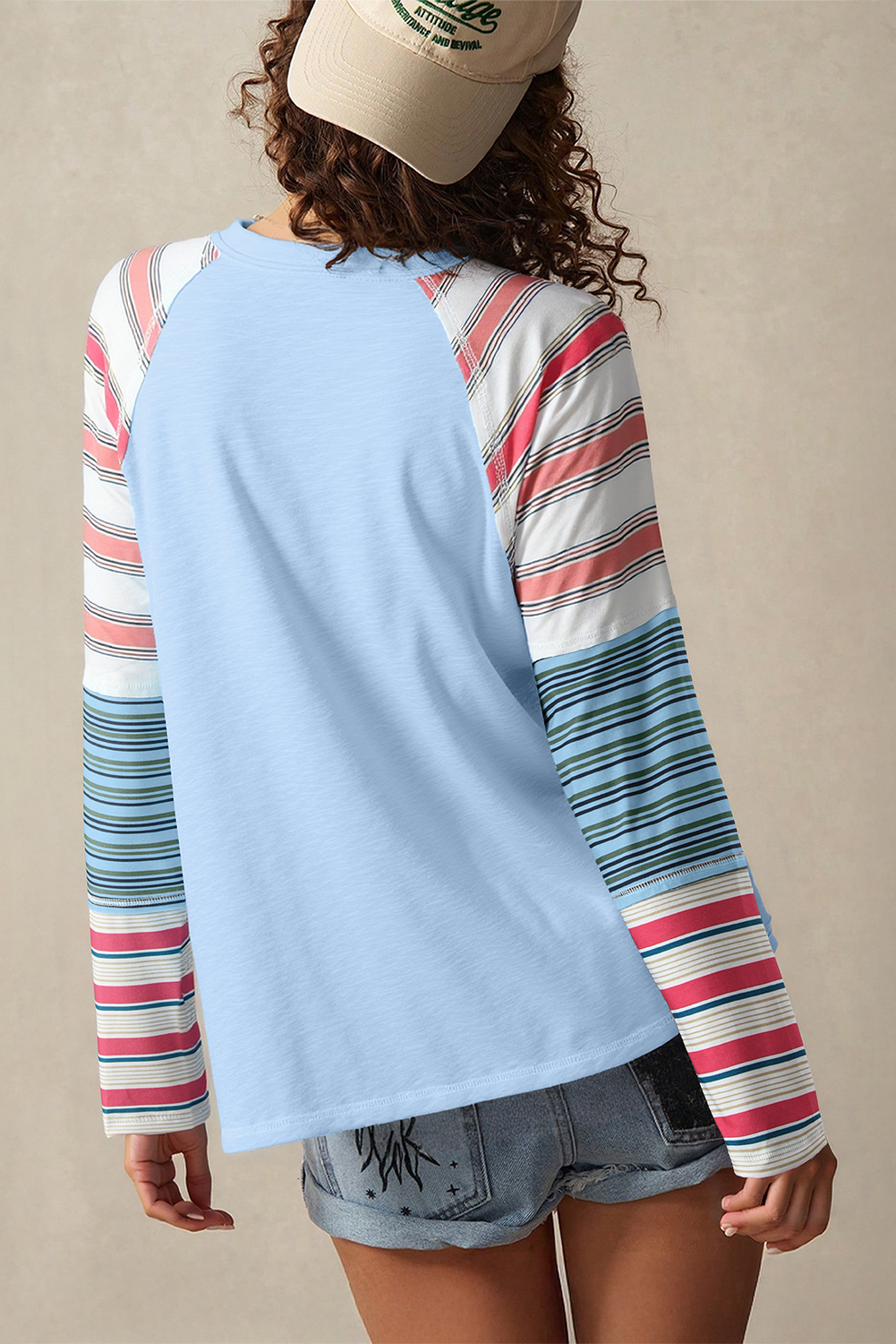 Pink Color Block Round Neck Exposed Seam Patchwork Striped Long Sleeve Top - Image 2