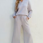 Light Grey Solid Textured Collared V Neck Top and Wide Leg Pants Set