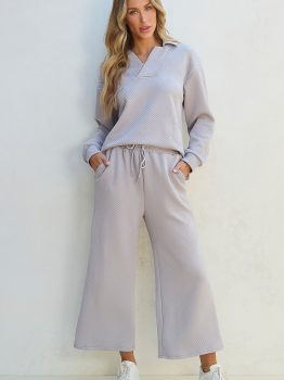 Light Grey Solid Textured Collared V Neck Top and Wide Leg Pants Set