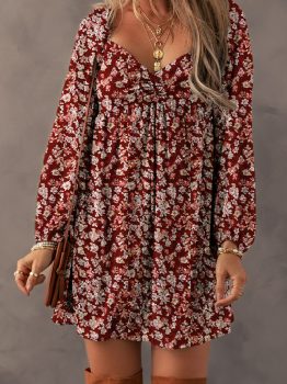 Red Floral Print Sweetheart Neck Shirred Back Mini Dress