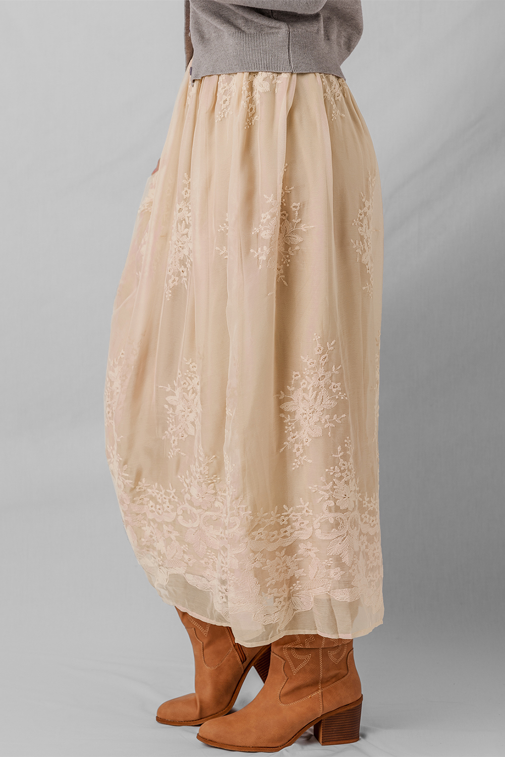 Oatmeal Embroidered Mesh Overlay Flowy Long Skirt - Image 3