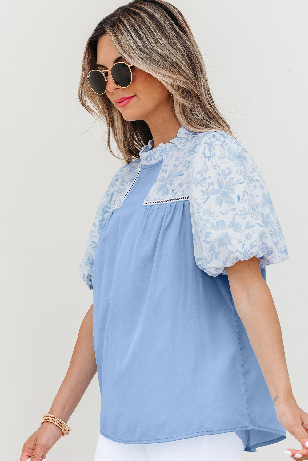 Beau Blue Lace Insert Floral Puff Sleeve Patchwork Loose Blouse - Image 3