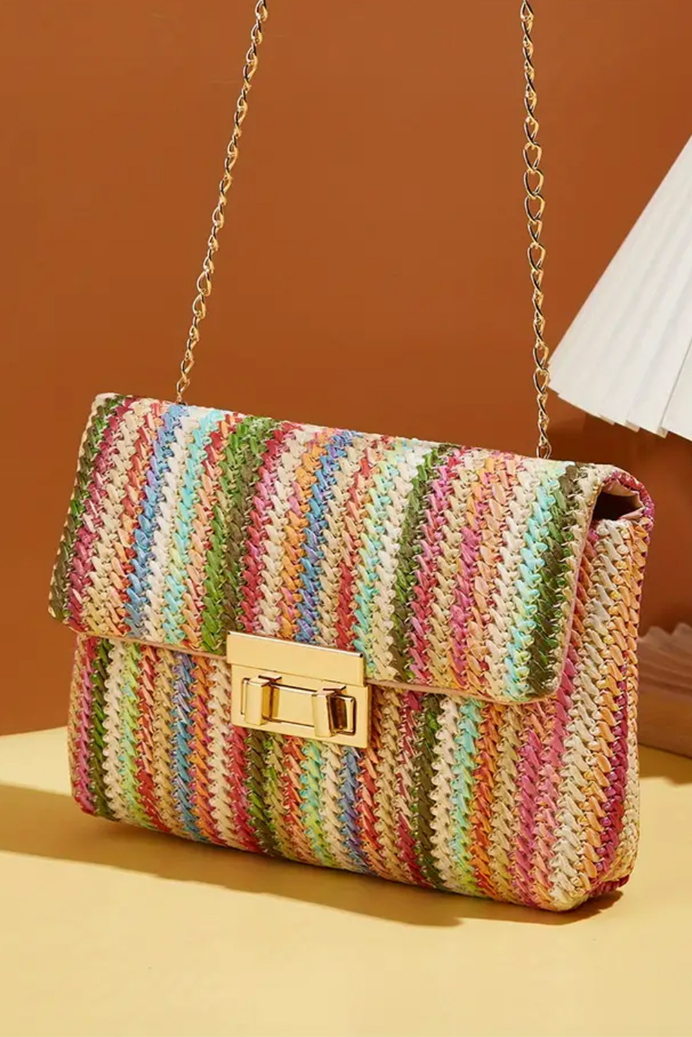 Strawberry Pink Bohemian Woven Gold Chain Shoulder Bag - Image 6