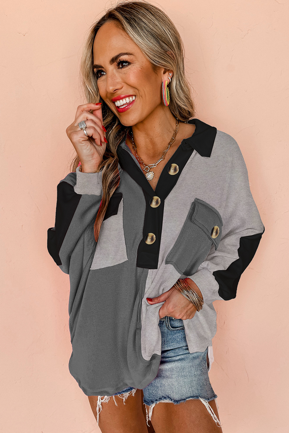 Gray Colorblock Ribbed Collared Oversized Sweatshirt - Image 5