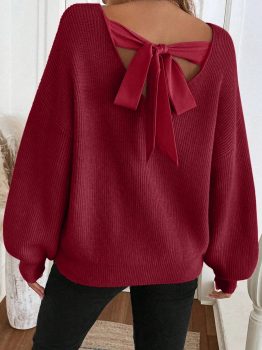 Red Dahlia Ribbed Knit Ribbon Knot Backless Drop Shoulder Sweater