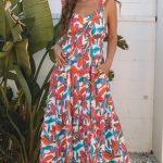 Red Boho Floral Ruffled Strap V Neck Maxi Dress