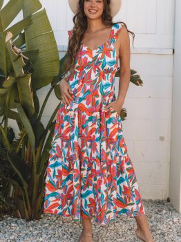 Red Boho Floral Ruffled Strap V Neck Maxi Dress