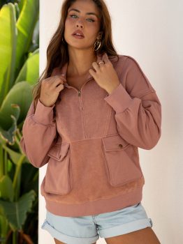Camel Exposed Seam Side Pockets Half Zipper Baggy Sweatshirt