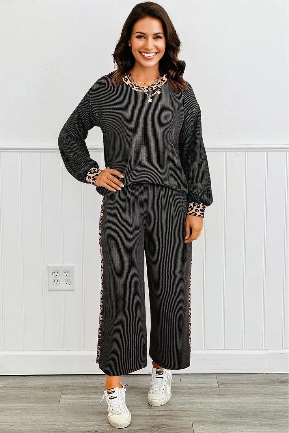 Carbon Grey Twisted Rib Texture Leopard Patchwork Detail 2pcs Pant Set - Image 2