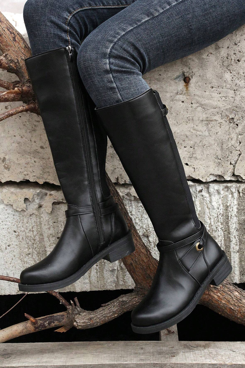 Black Side Zipper Knee High Chunky Low Heel Boots - Image 6
