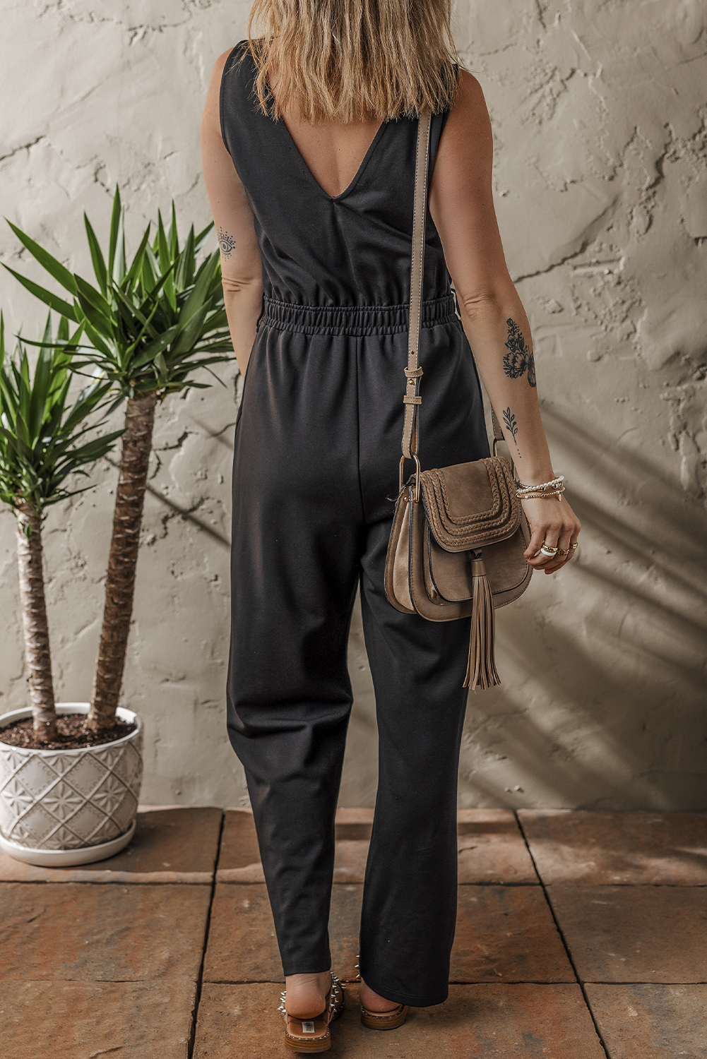 Black Wrap V Neck Sleeveless High Waist Jumpsuit - Image 2