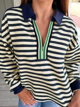 Navy Blue Striped Print Contrast Collar Zip V Neck Long Sleeve Top