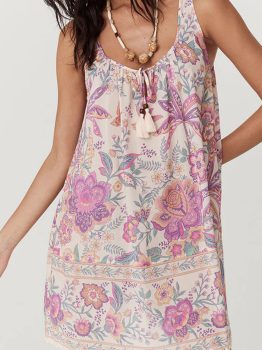 Multicolour Floral Print Fringed Tie U Neck Sleeveless Mini Dress
