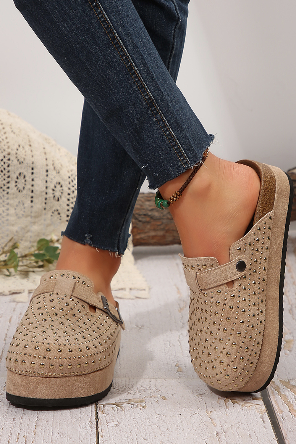 Parchment Rivet Buckle Closed Toe Platform Slippers - Image 7