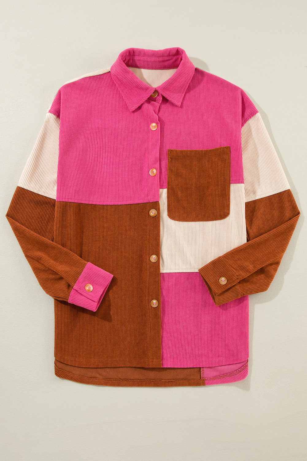 Rose Red Colorblock Curved Hem Corduroy Shacket with Pocket - Image 5