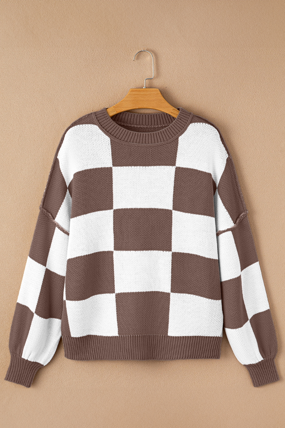 Dark Brown Checkered Bishop Sleeve Sweater - Image 5