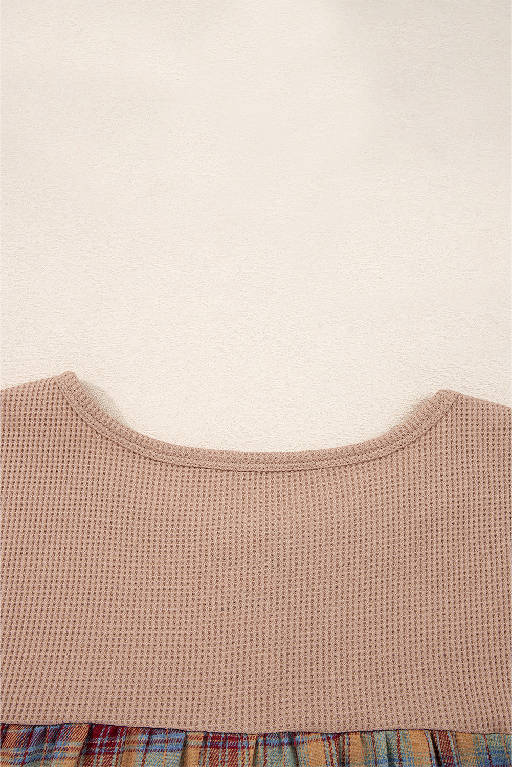 Straw Yellow Waffle Stripe Plaid Patchwork Henley Knit Top - Image 6