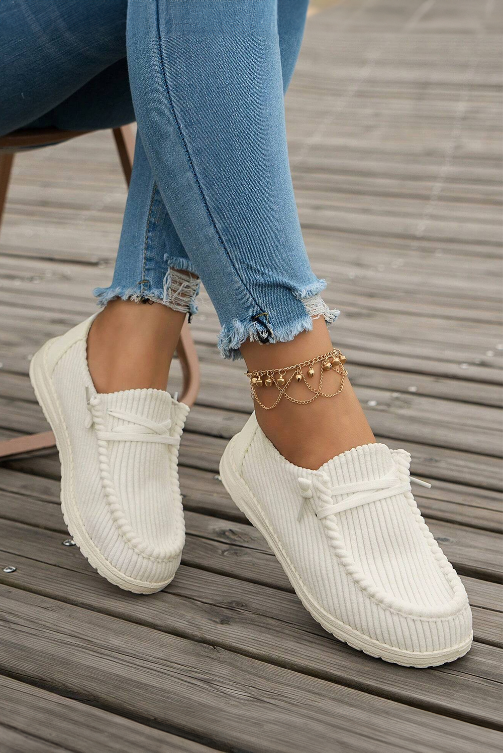 White Solid Ribbed Criss Cross Slip On Casual Shoes - Image 5
