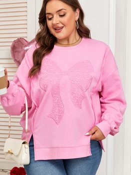 Pink Big Bow Lace Embroidered Dolman Sleeve Slit Plus Size Sweatshirt