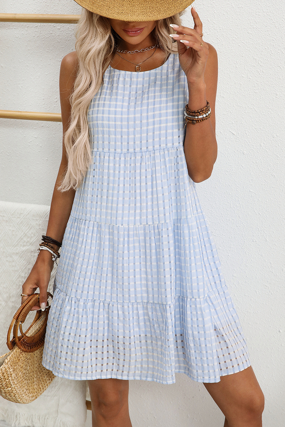 Light Blue Plaid Tiered A-line Sleeveless Mini Sundress - Image 4