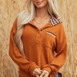 Straw Yellow Contrast Plaid Hood Patchwork Chest Pocket Henley Top