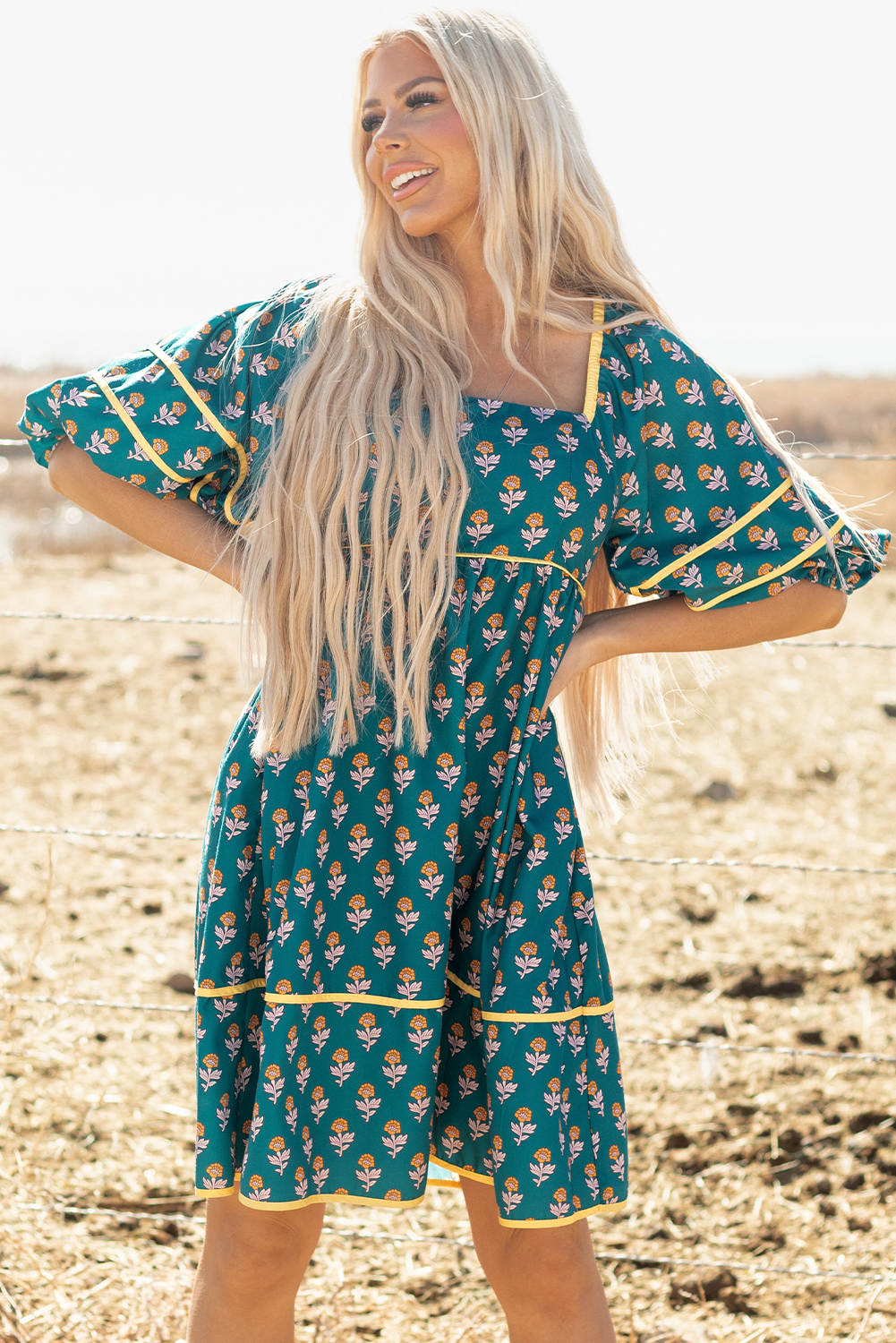 Skobeloff Floral Contrast Trim Square Neck Puff Sleeve Dress - Image 5