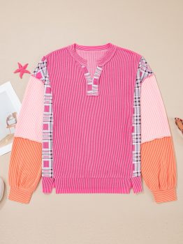 Rose Red Corded Texture Plaid Colorblock Patchwork Split Neck Long Sleeve Top