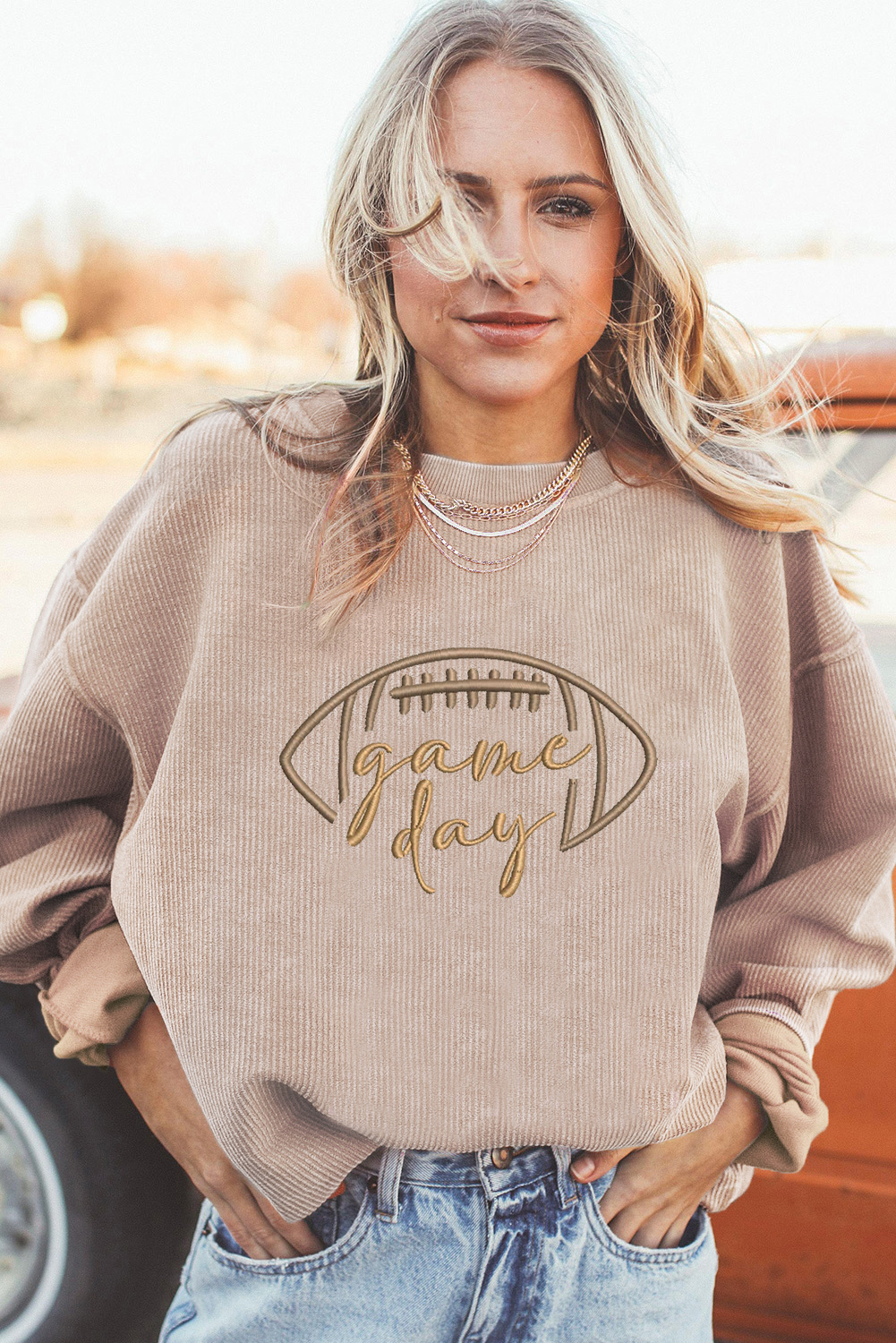 Apricot Rugby Game Day Embroidered Corduroy Sweatshirt - Image 4
