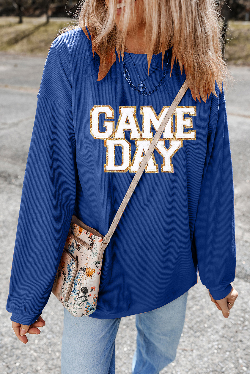 Dark Blue GAME DAY Glitter Detail Ribbed Drop Shoulder Sweatshirt - Image 4