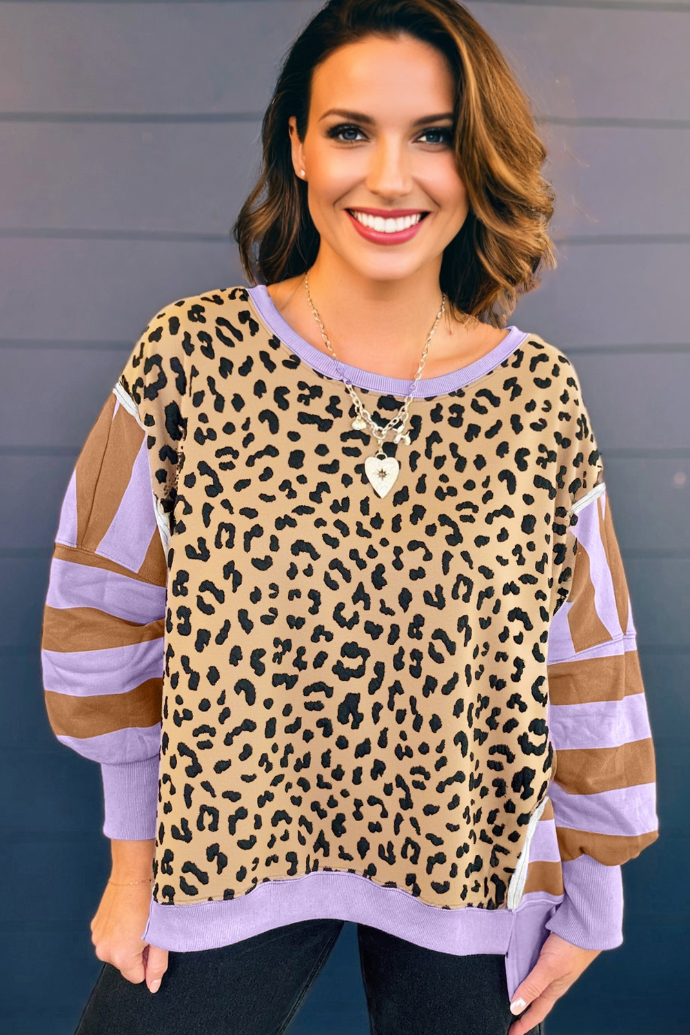 Purple Leopard Striped Patchwork Plus Size Loose Sweatshirt - Image 2