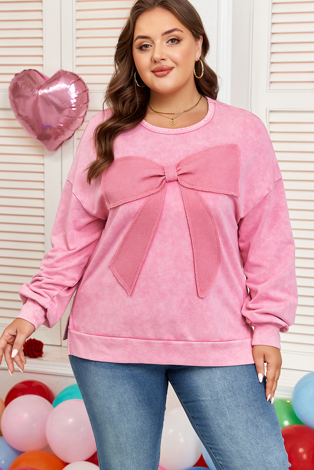 Bonbon Waffle Bowknot Patchwork Graphic Mineral Wash Plus Size Sweatshirt - Image 4