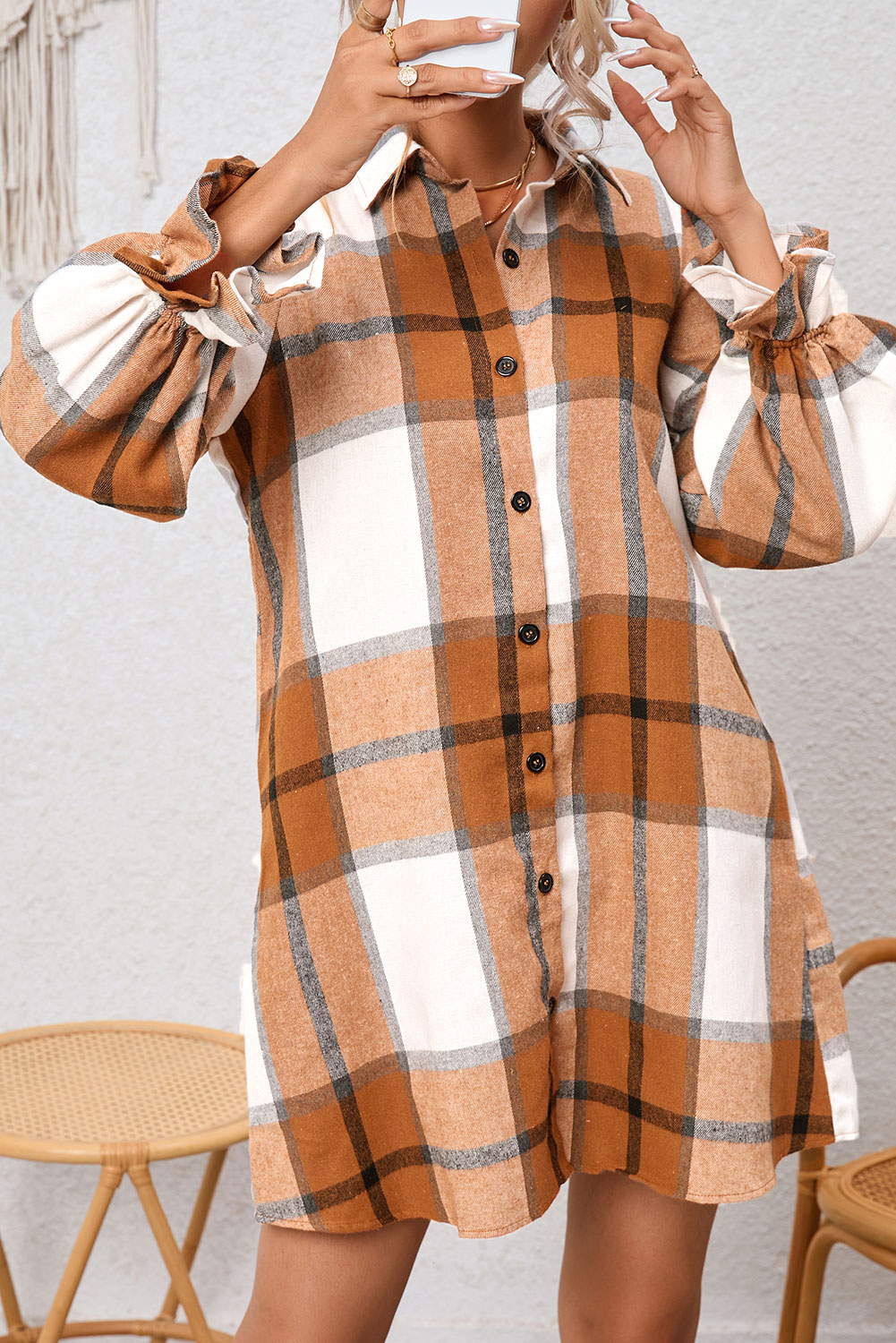 Khaki Plaid Pattern Collared Neck Ruffled Sleeve Shirt Dress - Image 3