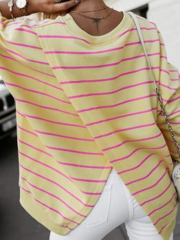 Yellow Stripe Stylish Overlap Detail Drop Shoulder Pullover Sweatshirt